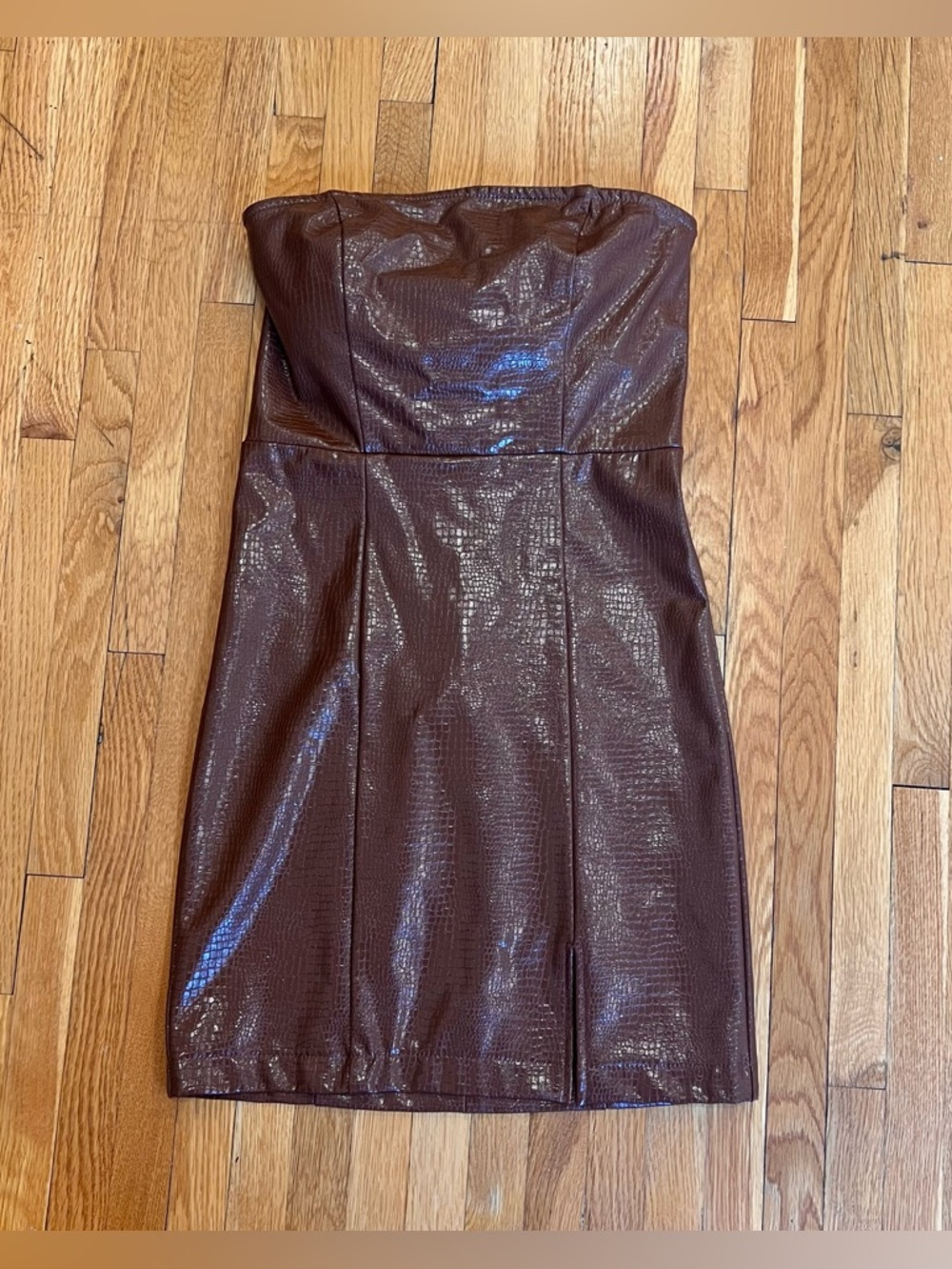 Brown faux leather mini dress with crocodile skin texture